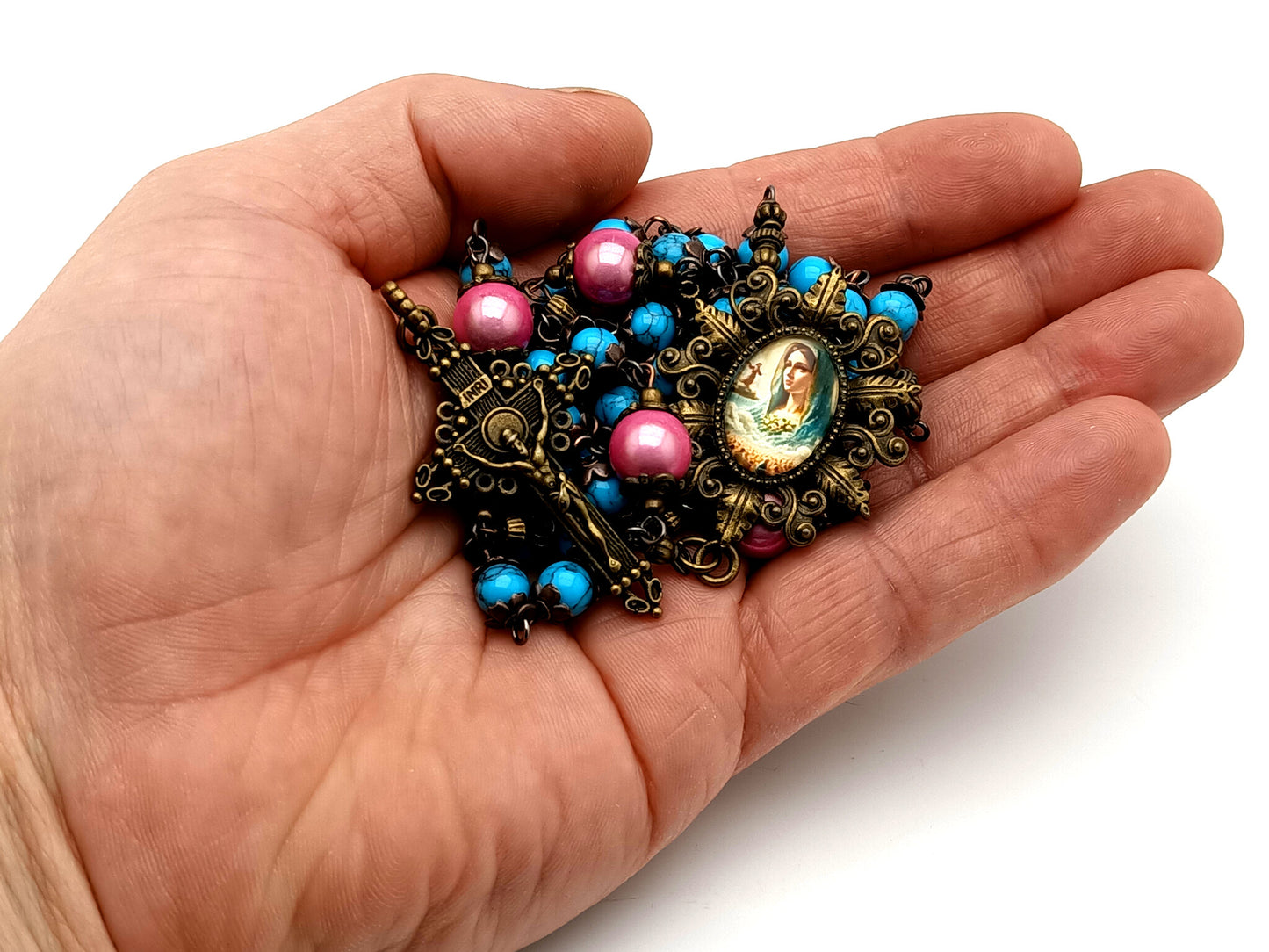 Virgin Mary turquoise gemstone unique  rosary beads with bronze filigree crucifix.