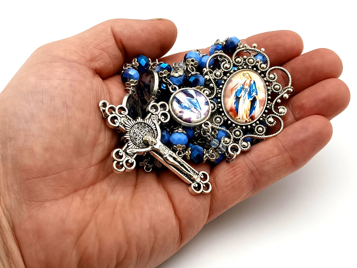 Our Lady of Grace blue faceted glass unique rosary beads with Saint Benedict crucifix.