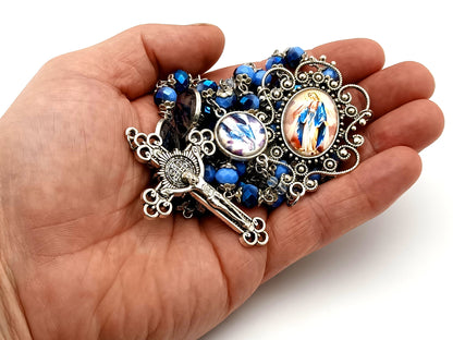 Our Lady of Grace blue faceted glass unique rosary beads with Saint Benedict crucifix.