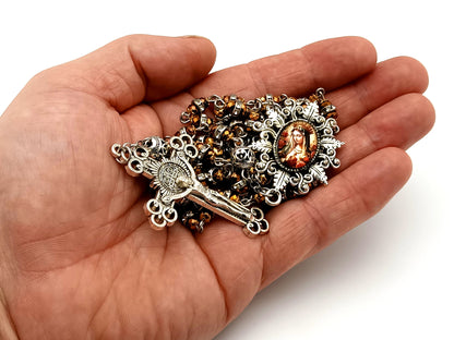 Our Lady Queen of Heaven copper glass and crystal unique rosary beads with Saint Benedict crucifix.