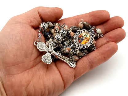 Saint Anne and Joachim rhodonite gemstone  unique rosary beads with four Basilicas crucifix.