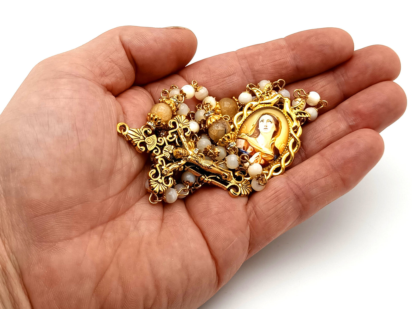 Our Lady of Sorrows mother of pearl and citrine gemstone unique rosary beads with gold plated filigree crucifix.
