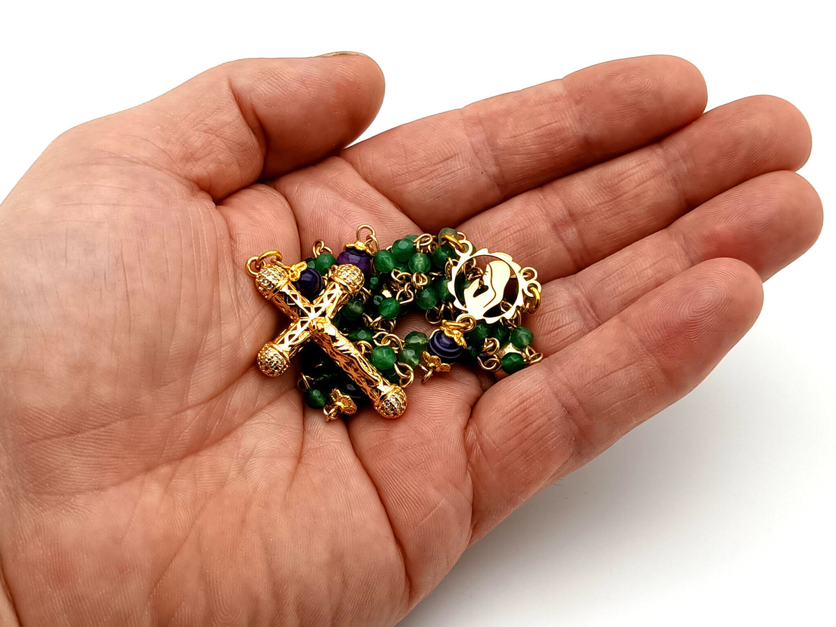Virgin Mary faceted agate and amethyst gemstone wearable unique rosary beads with small 18K gold plated lattice cubic zirconia crucifix.