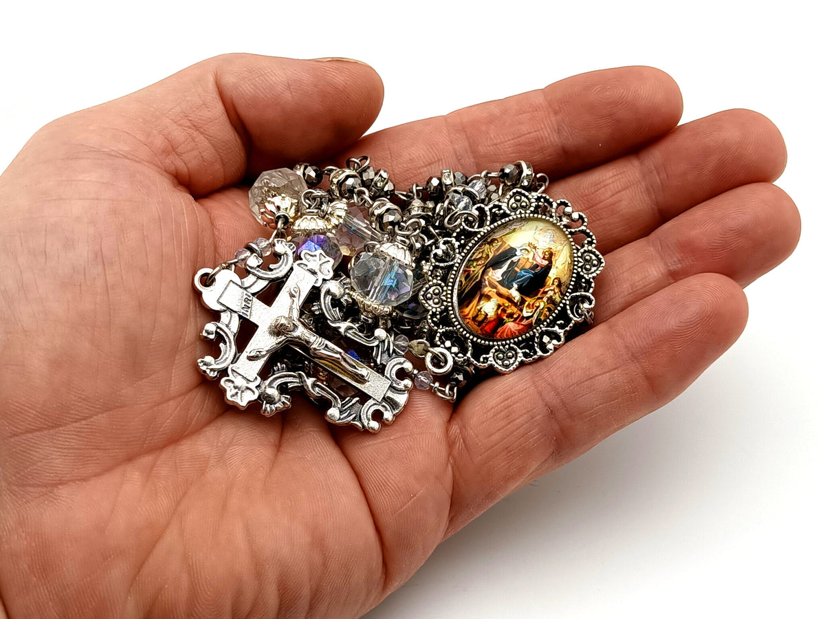 Coronation of Mary faceted glass and cubic zirconia rosary beads with filigree crucifix.