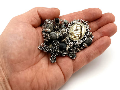 Saint Philomena zebra jasper gemstone unique rosary beads with stainless steel filigree crucifix.