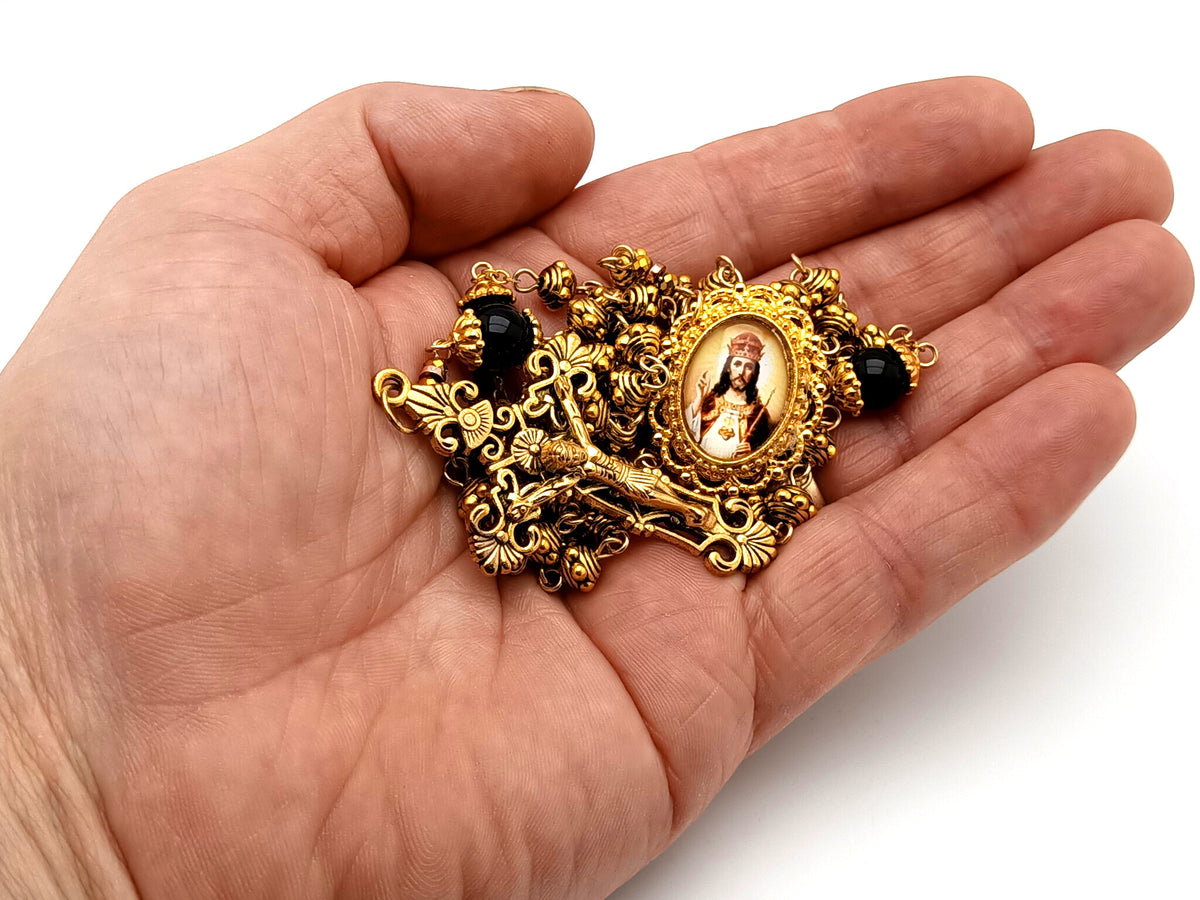 Christ the King gold plated silver and onyx gemstone unique rosary beads with gold plated filigree crucifix.