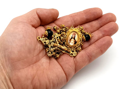 Christ the King gold plated silver and onyx gemstone unique rosary beads with gold plated filigree crucifix.