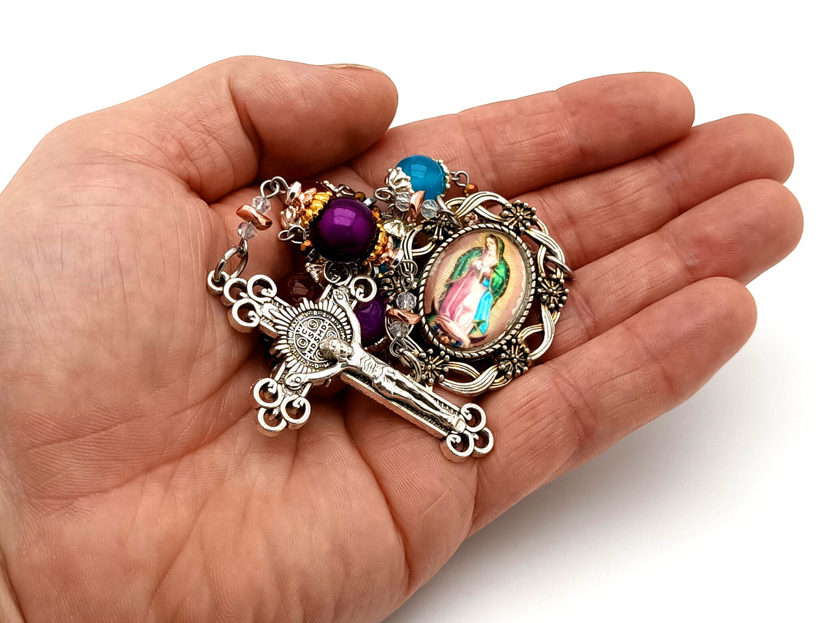 Our Lady of Guadalupe multi coloured glass single decade unique rosary beads with Saint Benedict crucifix.