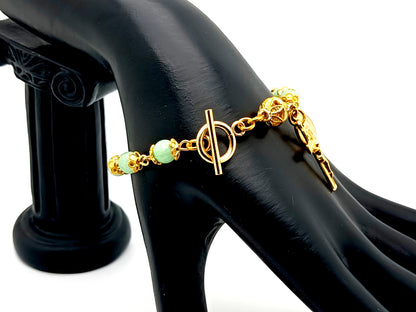 Miraculous Medal green quartz gemstone single decade rosary bead bracelet with small gold plated crucifix.