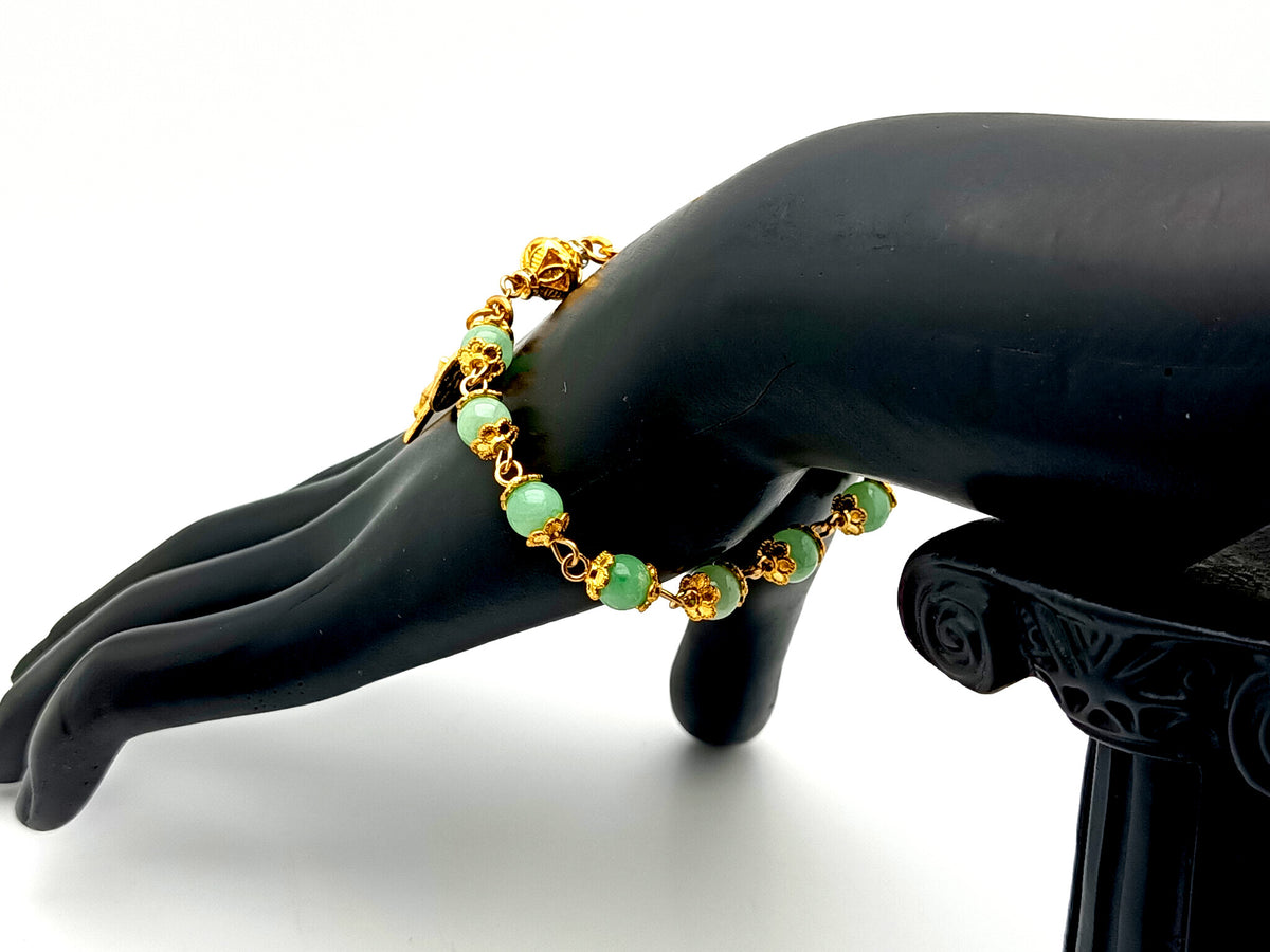 Miraculous Medal green quartz gemstone single decade rosary bead bracelet with small gold plated crucifix.