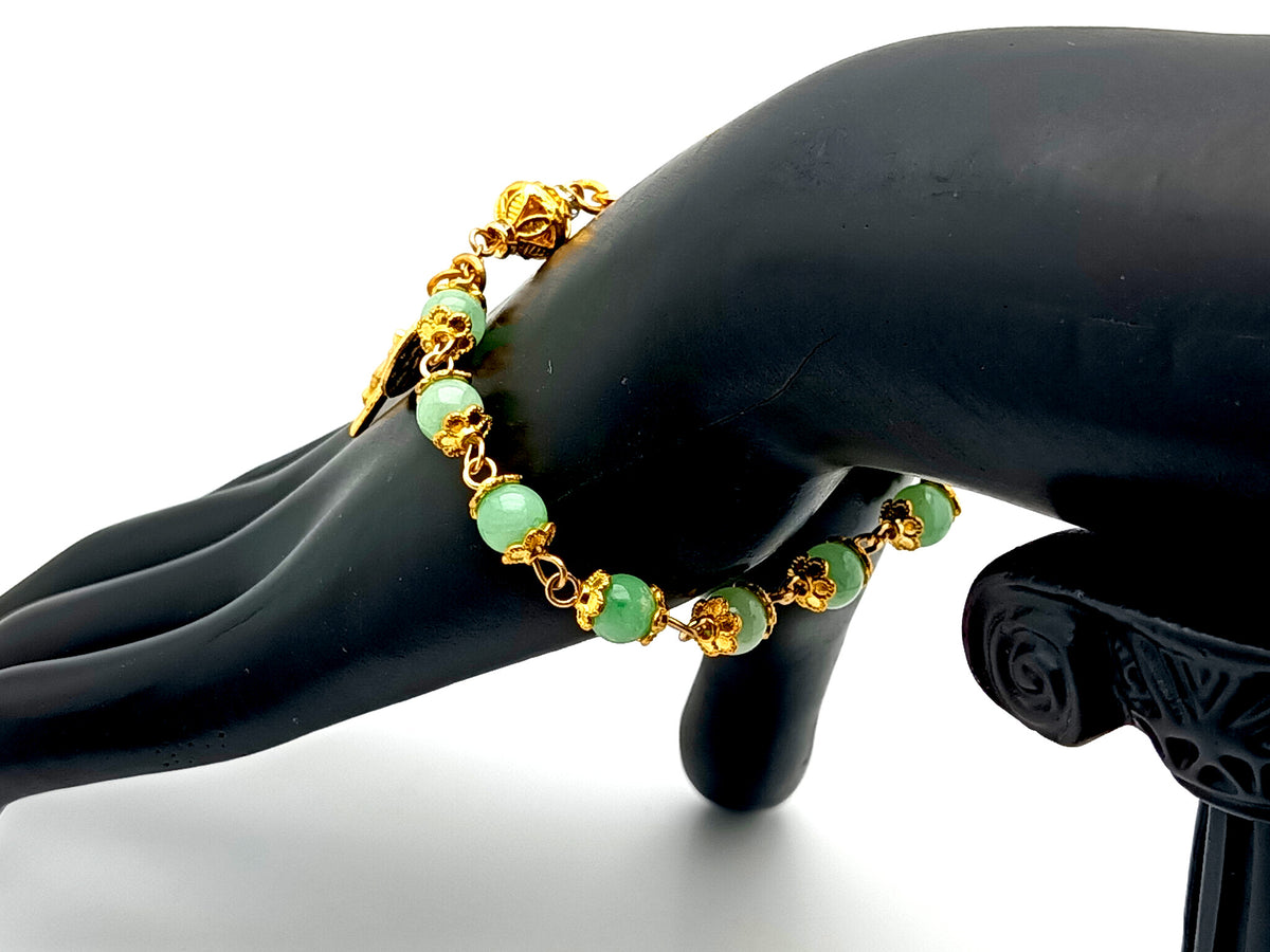 Miraculous Medal green quartz gemstone single decade rosary bead bracelet with small gold plated crucifix.