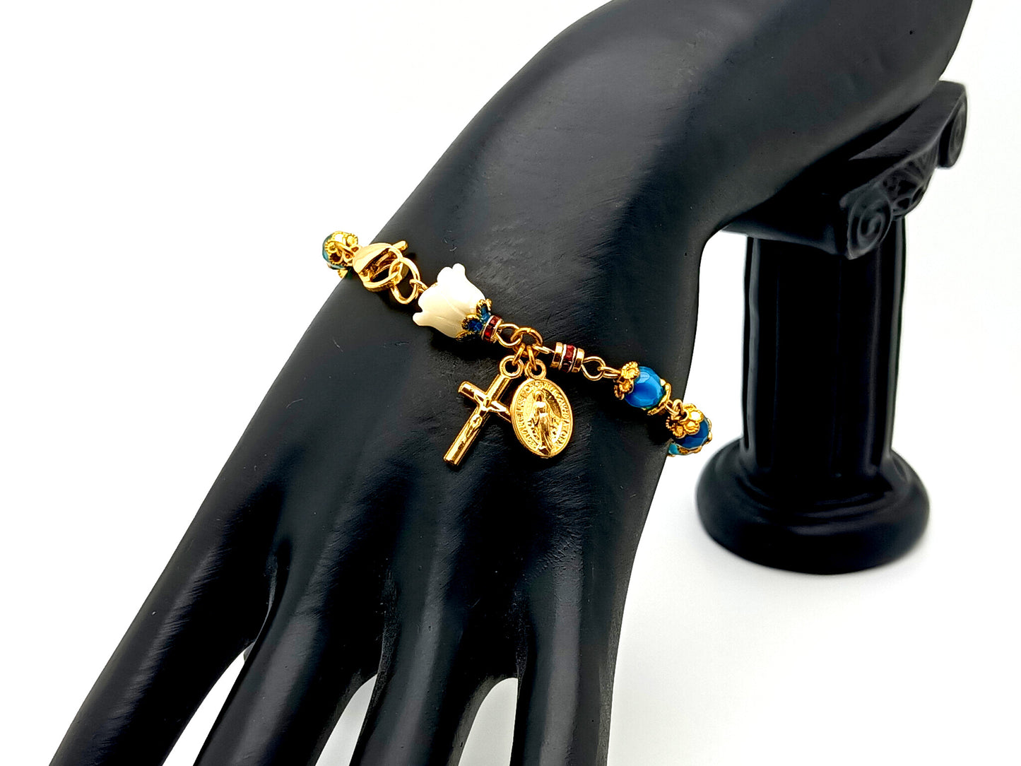 Miraculous Medal striped agate gemstone and lily unique rosary bead bracelet with gold plated crucifix.
