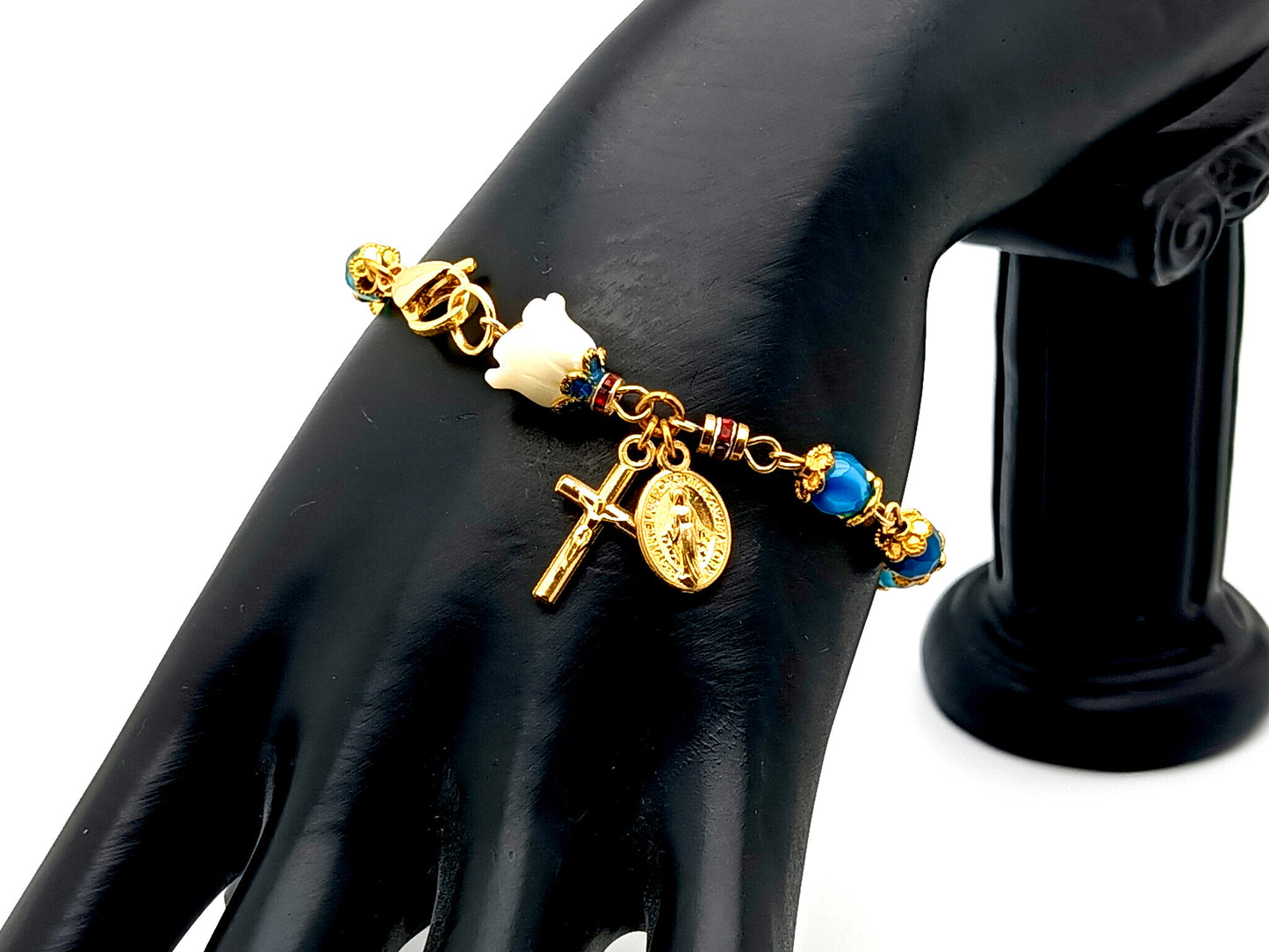 Miraculous Medal striped agate gemstone and lily unique rosary bead bracelet with gold plated crucifix.