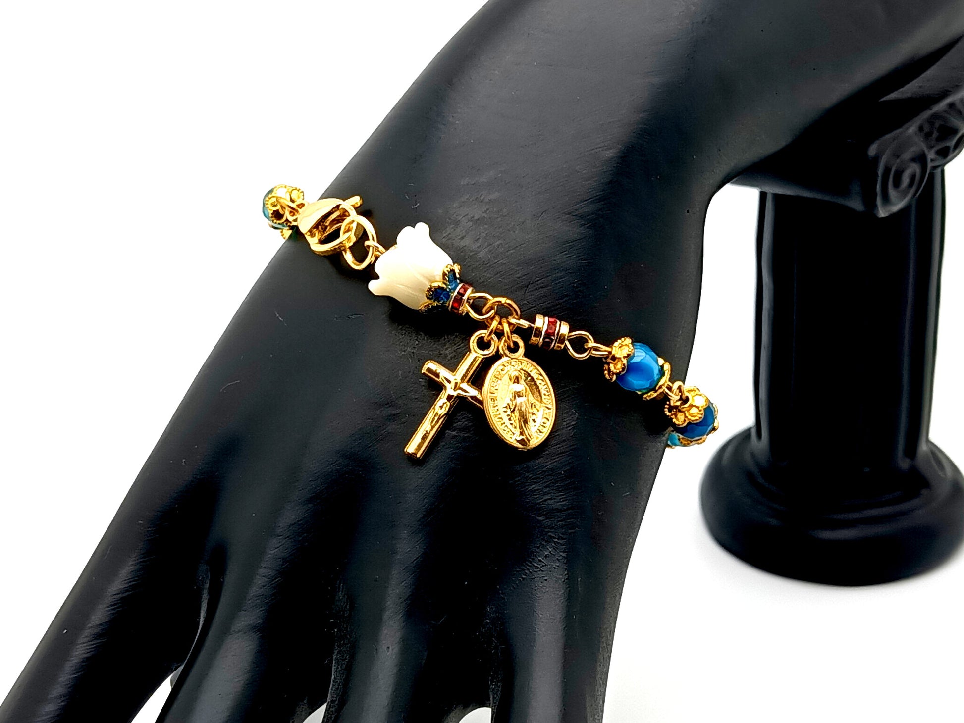 Miraculous Medal striped agate gemstone and lily unique rosary bead bracelet with gold plated crucifix.