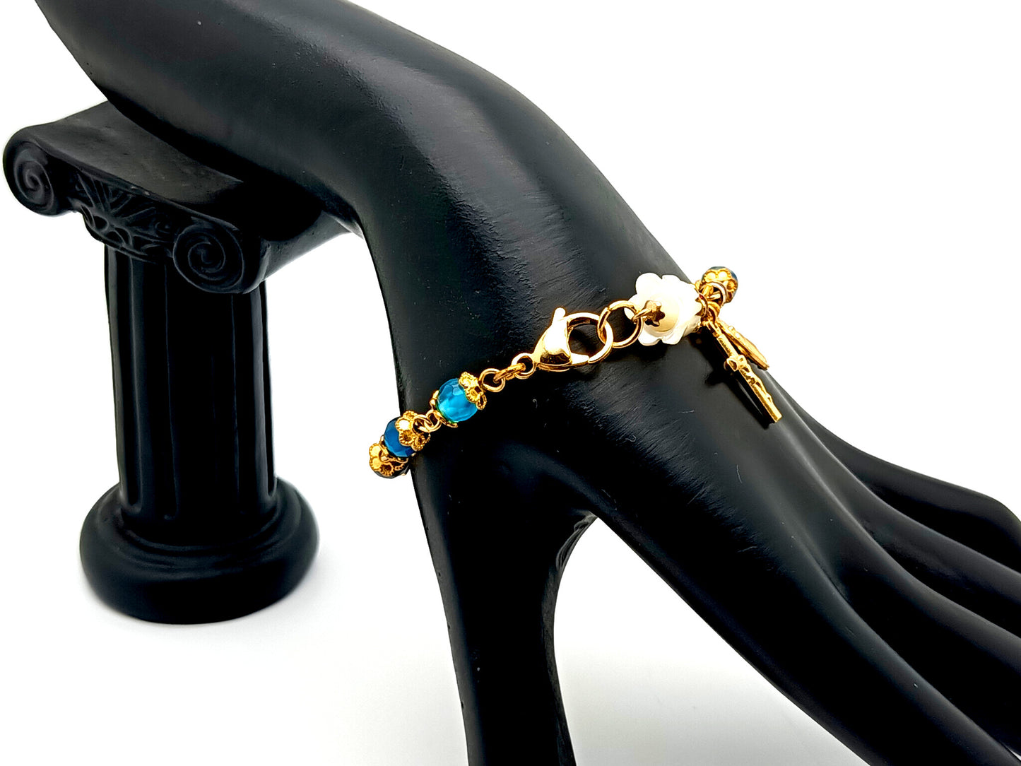 Miraculous Medal striped agate gemstone and lily unique rosary bead bracelet with gold plated crucifix.