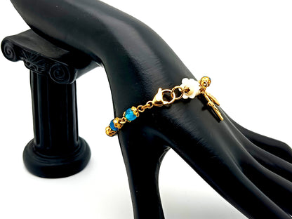 Miraculous Medal striped agate gemstone and lily unique rosary bead bracelet with gold plated crucifix.