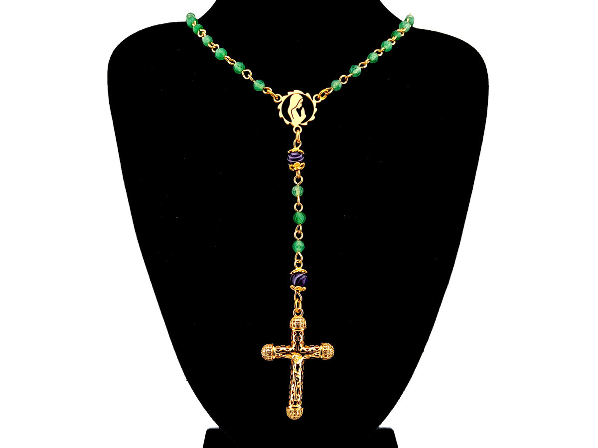 Virgin Mary faceted agate and amethyst gemstone wearable unique rosary beads with small 18K gold plated lattice cubic zirconia crucifix.