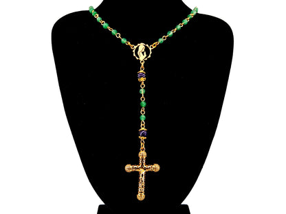 Virgin Mary faceted agate and amethyst gemstone wearable unique rosary beads with small 18K gold plated lattice cubic zirconia crucifix.
