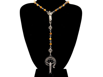 Saint Padre Pio tigers eye gemstone and silver rosary bead necklace with stainless steel crucifix.