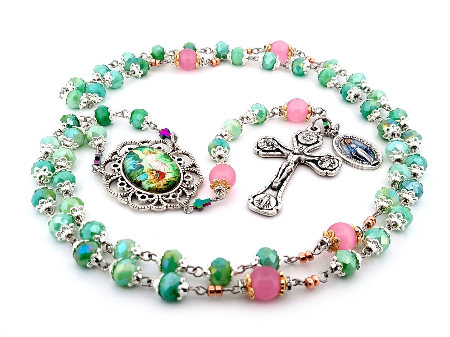 Guardian Angel green and pink glass unique rosary beads with Four Basilica crucifix.