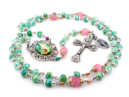 Guardian Angel green and pink glass unique rosary beads with Four Basilica crucifix.