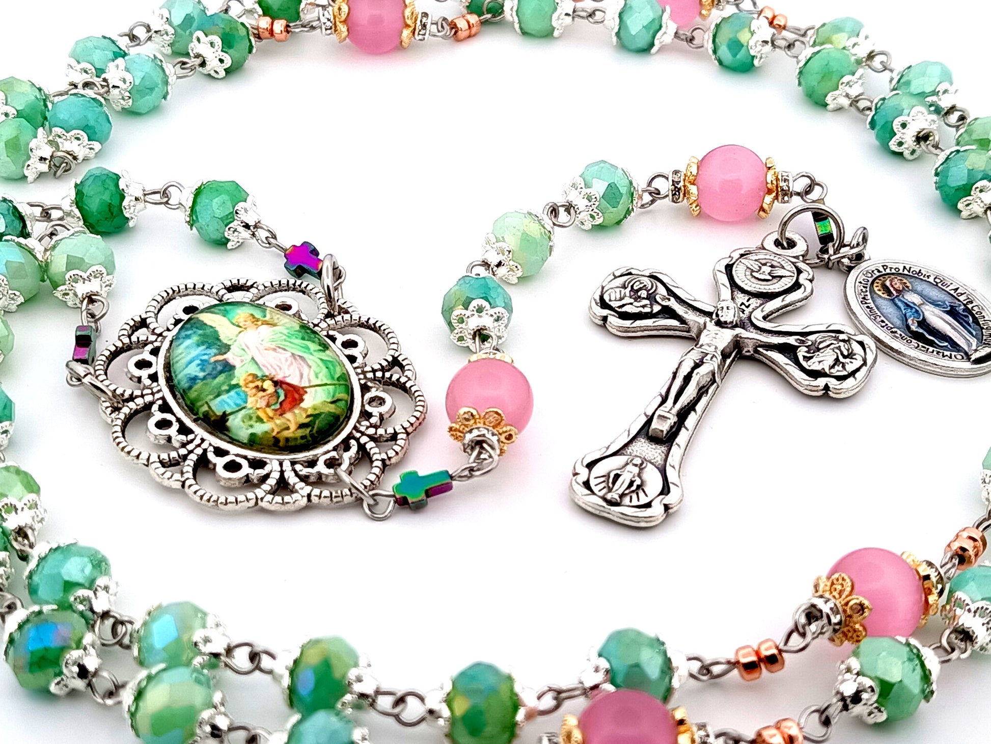Guardian Angel green and pink glass unique rosary beads with Four Basilica crucifix.