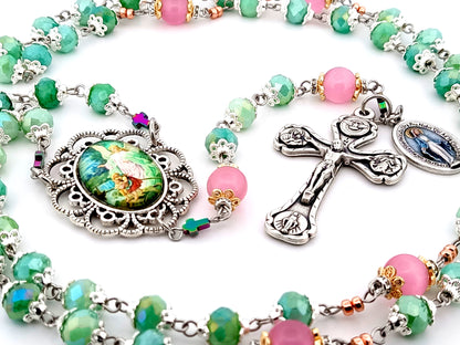 Guardian Angel green and pink glass unique rosary beads with Four Basilica crucifix.