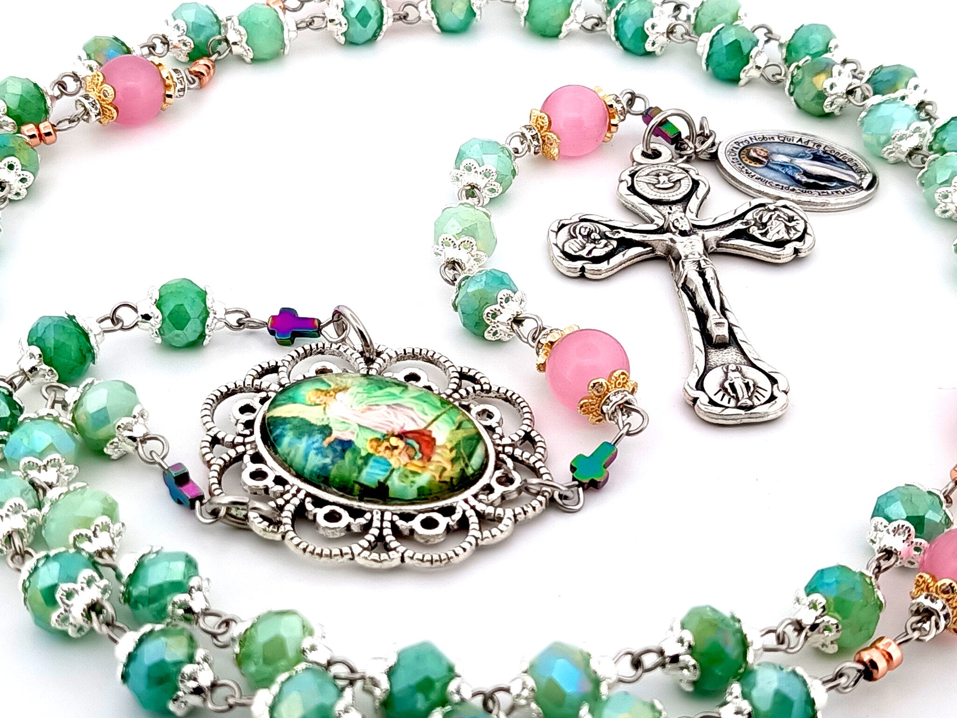 Guardian Angel green and pink glass unique rosary beads with Four Basilica crucifix.