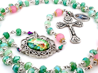 Guardian Angel green and pink glass unique rosary beads with Four Basilica crucifix.