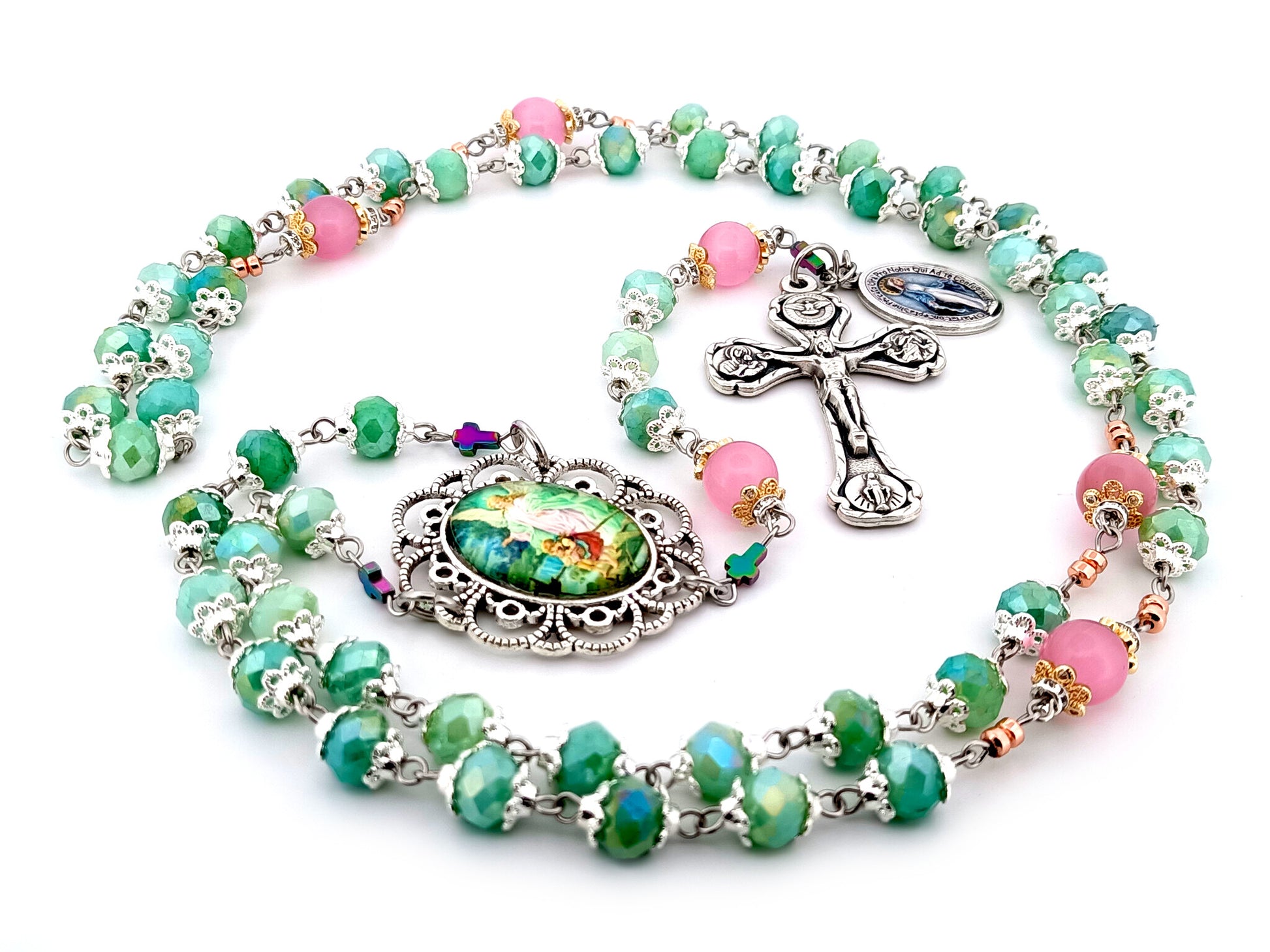 Guardian Angel green and pink glass unique rosary beads with Four Basilica crucifix.