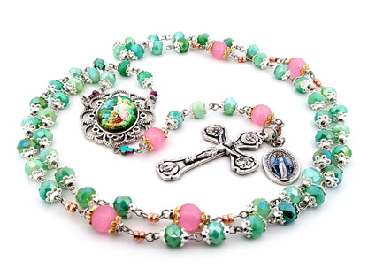 Guardian Angel green and pink glass unique rosary beads with Four Basilica crucifix.