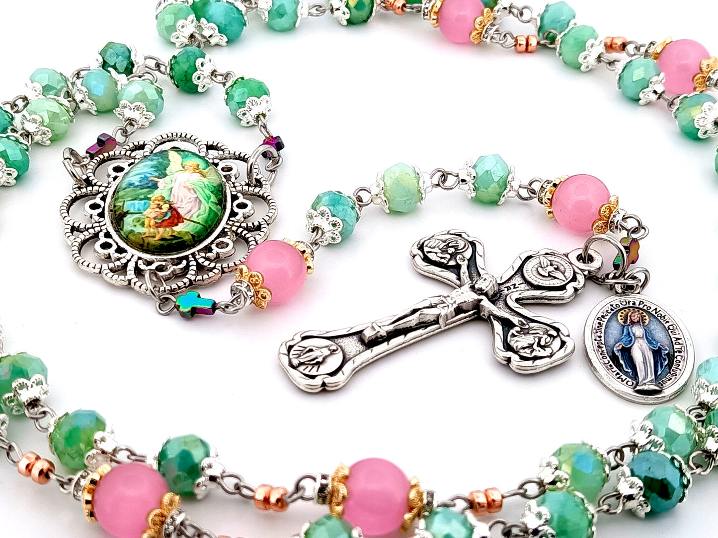 Guardian Angel green and pink glass unique rosary beads with Four Basilica crucifix.