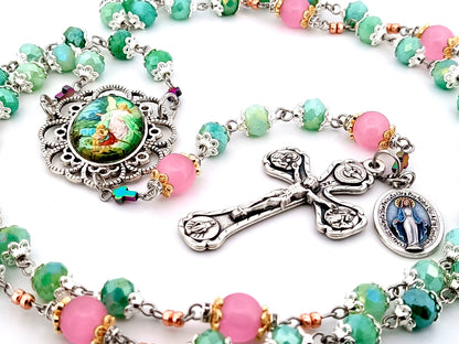 Guardian Angel green and pink glass unique rosary beads with Four Basilica crucifix.