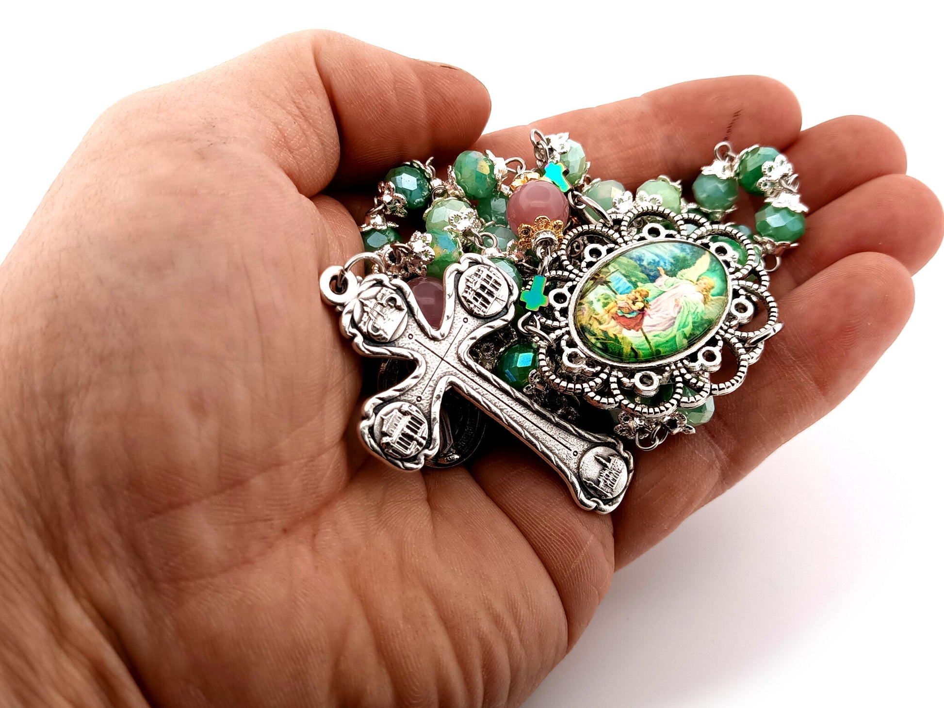 Guardian Angel green and pink glass unique rosary beads with Four Basilica crucifix.