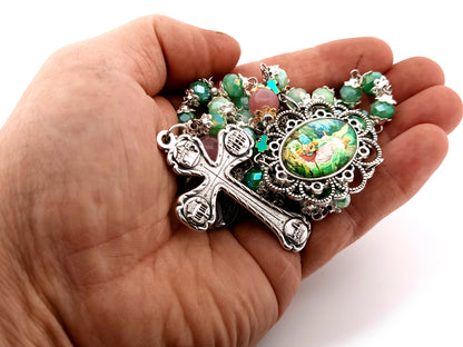 Guardian Angel green and pink glass unique rosary beads with Four Basilica crucifix.