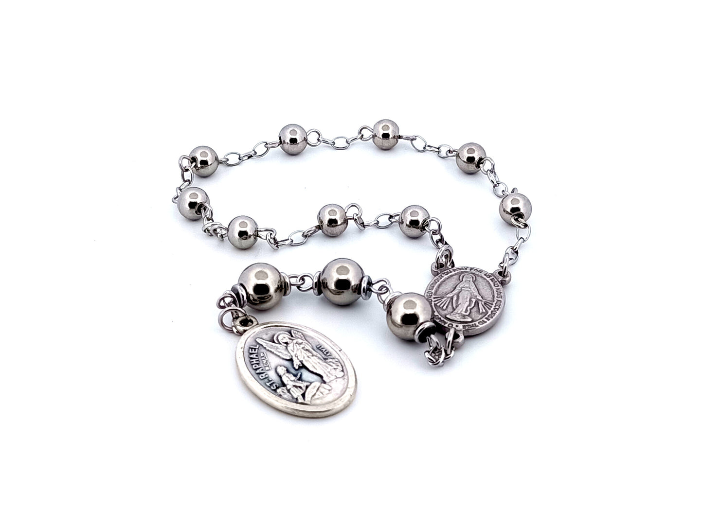 Saint Raphael and Miraculous medal stainless steel prayer chaplet.