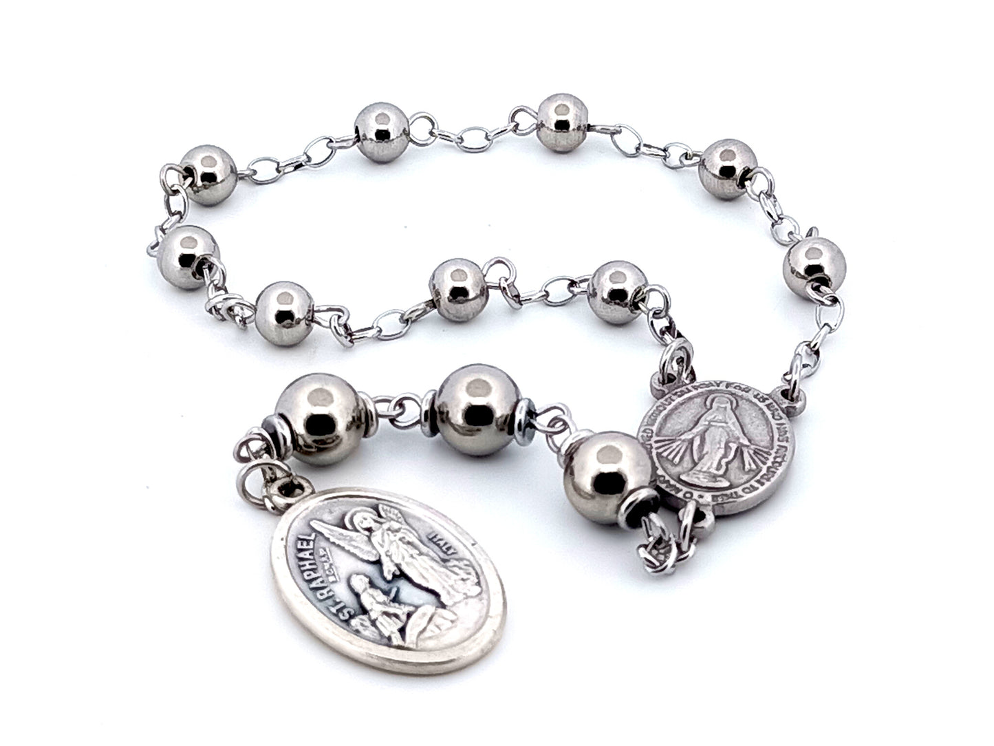 Saint Raphael and Miraculous medal stainless steel prayer chaplet.