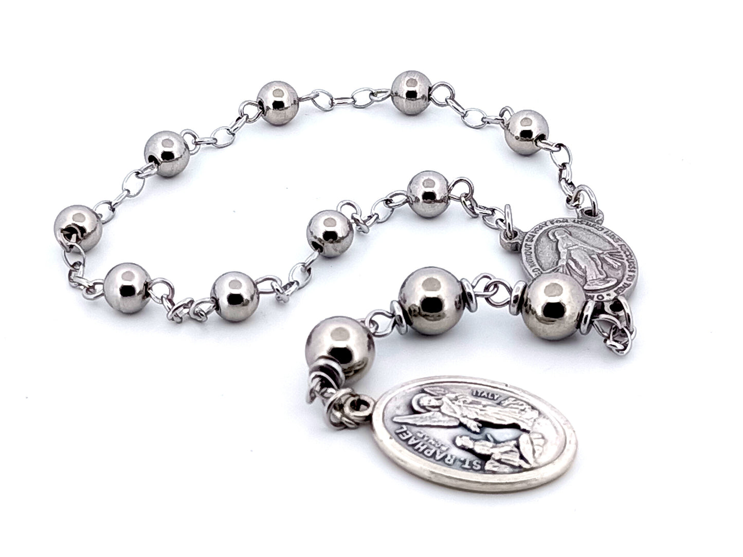 Saint Raphael and Miraculous medal stainless steel prayer chaplet.