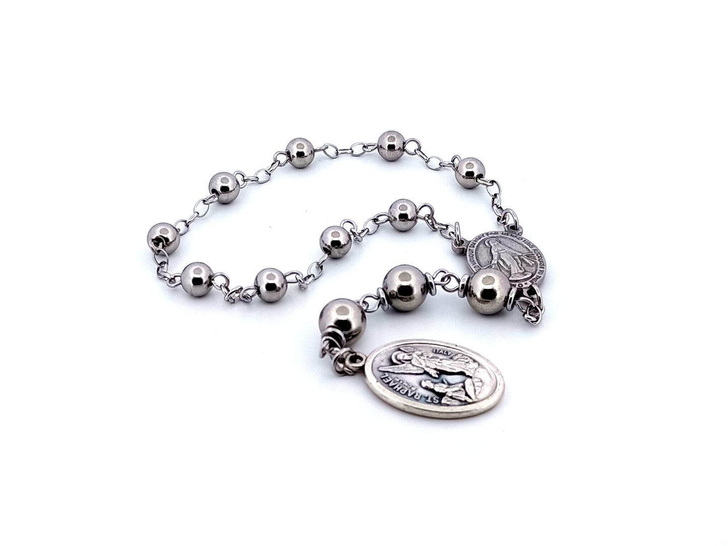 Saint Raphael and Miraculous medal stainless steel prayer chaplet.