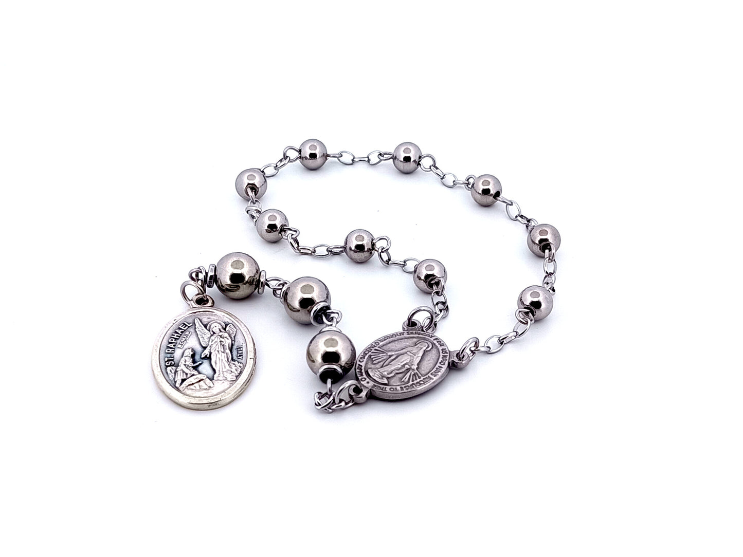 Saint Raphael and Miraculous medal stainless steel prayer chaplet.