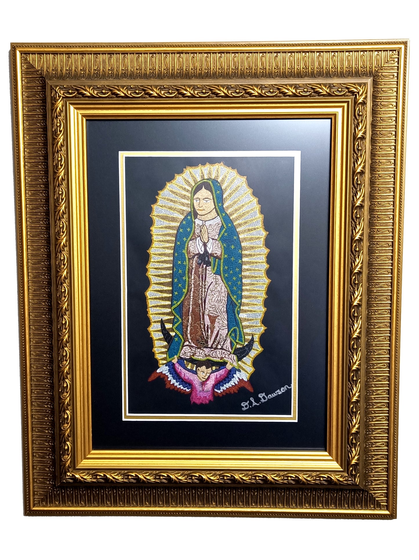 Our Lady of Guadalupe hand painted mandala mosaic icon artwork in gilt wood frame with black and gold double mount.