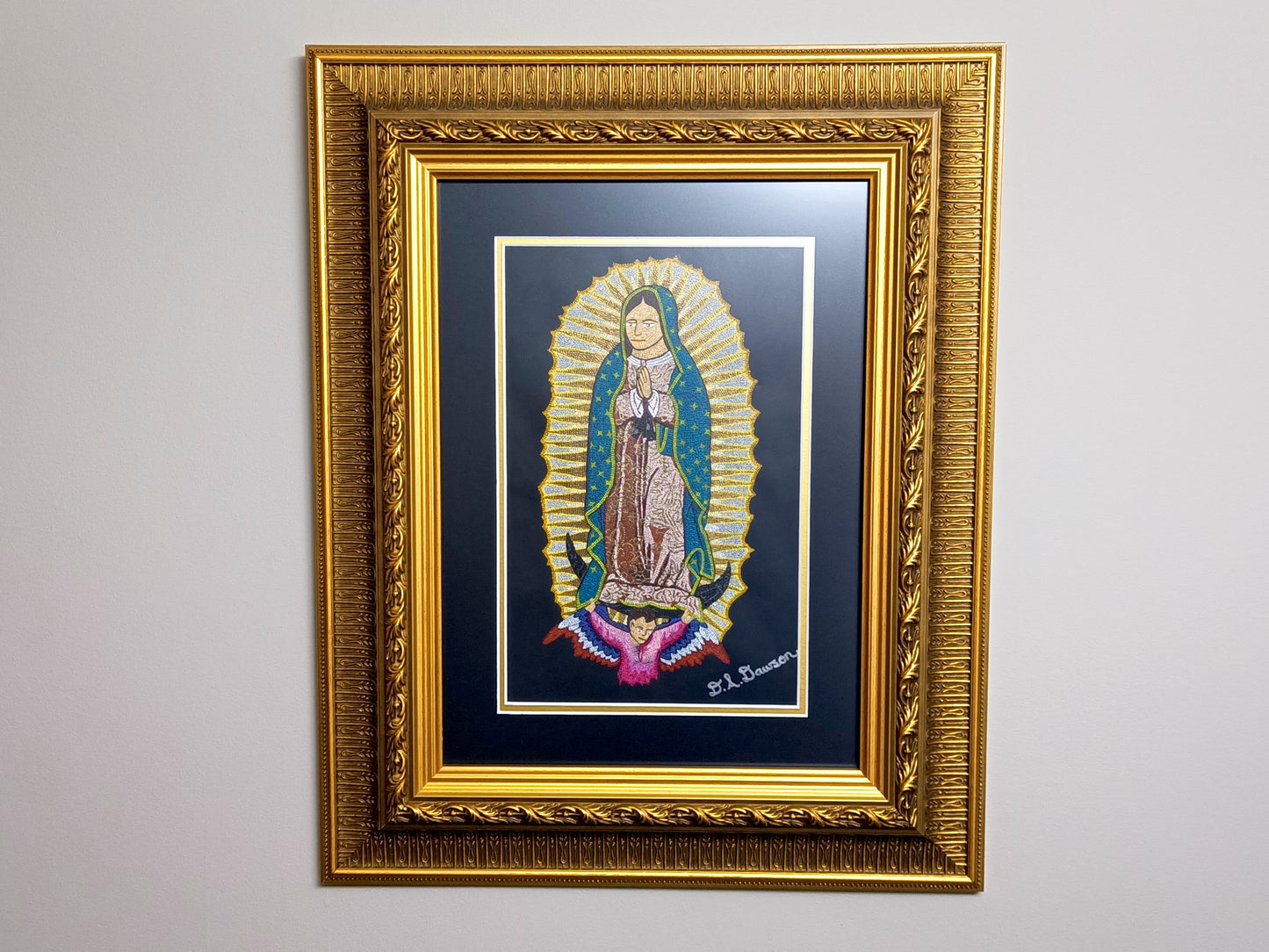 Our Lady of Guadalupe hand painted mandala mosaic icon artwork in gilt wood frame with black and gold double mount.