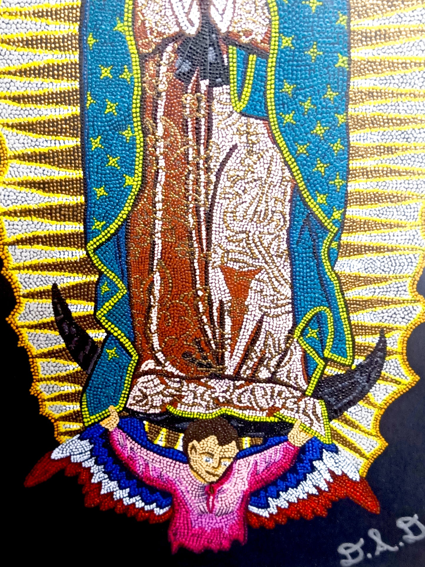Our Lady of Guadalupe hand painted mandala mosaic icon artwork in gilt wood frame with black and gold double mount.
