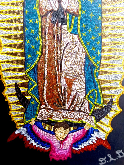 Our Lady of Guadalupe hand painted mandala mosaic icon artwork in gilt wood frame with black and gold double mount.