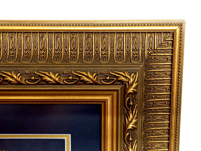 Our Lady of Guadalupe hand painted mandala mosaic icon artwork in gilt wood frame with black and gold double mount.