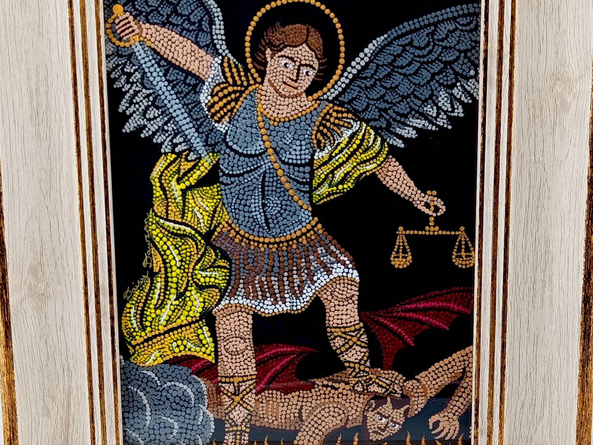Saint Michael the Archangel hand painted mandala mosaic icon artwork in gilt wood effect picture frame.