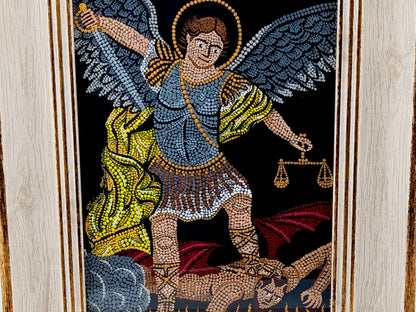 Saint Michael the Archangel hand painted mandala mosaic icon artwork in gilt wood effect picture frame.