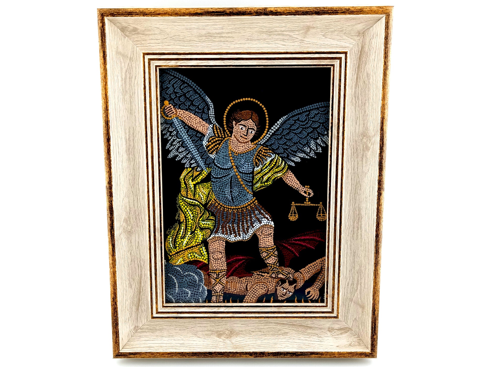 Saint Michael the Archangel hand painted mandala mosaic icon artwork in gilt wood effect picture frame.
