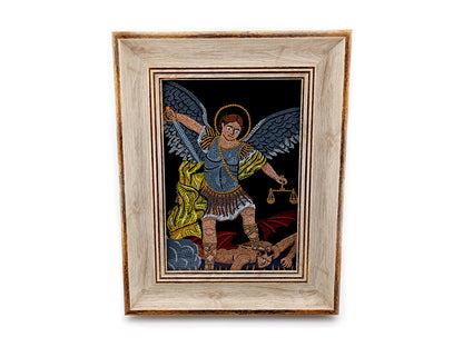 Saint Michael the Archangel hand painted mandala mosaic icon artwork in gilt wood effect picture frame.