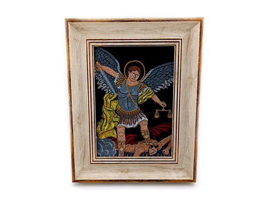 Saint Michael the Archangel hand painted mandala mosaic icon artwork in gilt wood effect picture frame.